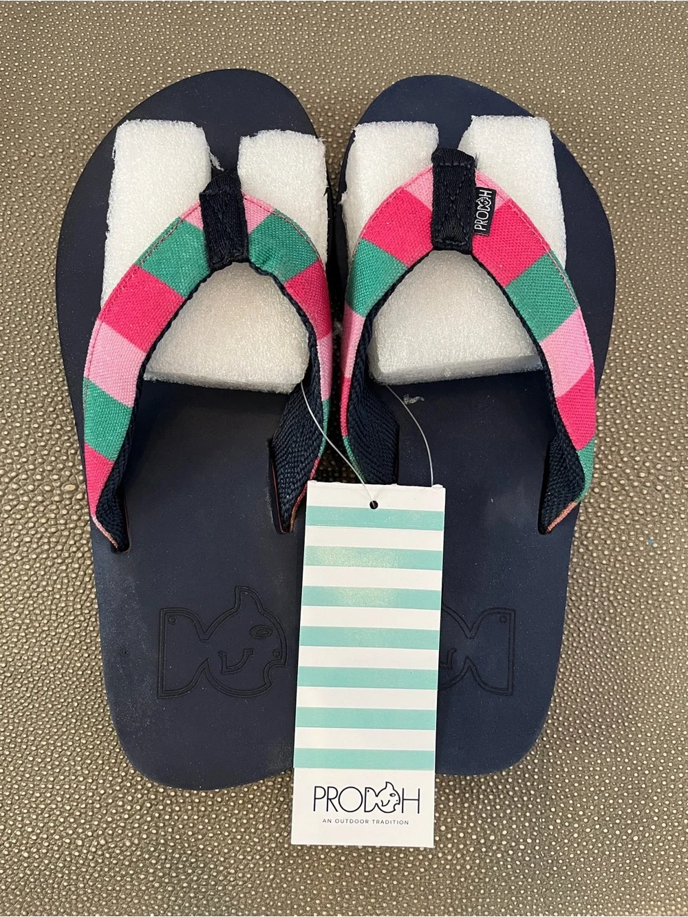 Prodoh Flip Flops with Pink & Green Striped Straps (size youth 4-5) NWT